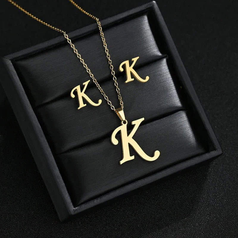 Fashion Stainless Steel Alphabet Initial Necklace 26 English Letter Earrings Necklace For Women Set Personalize Jewelry