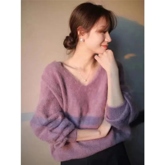 Fashion versatile cashmere sweater women fall winter V-neck loose and thick sweater sweater with wool knit