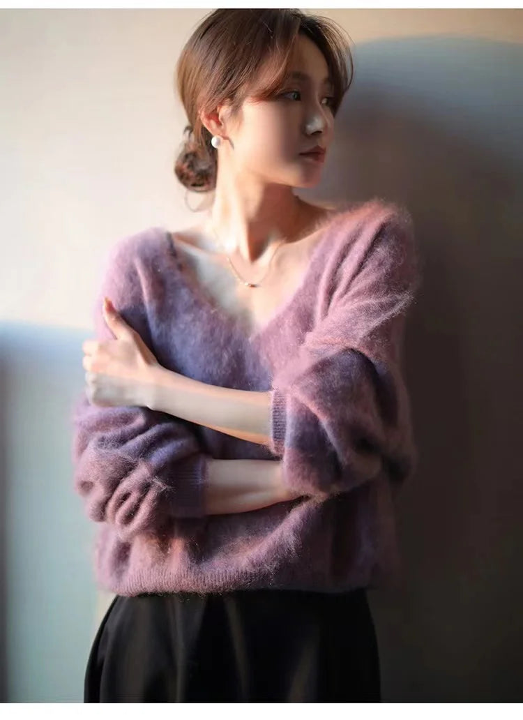 Fashion versatile cashmere sweater women fall winter V-neck loose and thick sweater sweater with wool knit