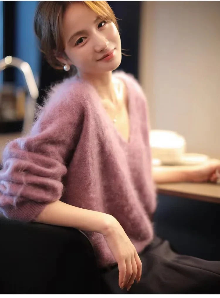 Fashion versatile cashmere sweater women fall winter V-neck loose and thick sweater sweater with wool knit