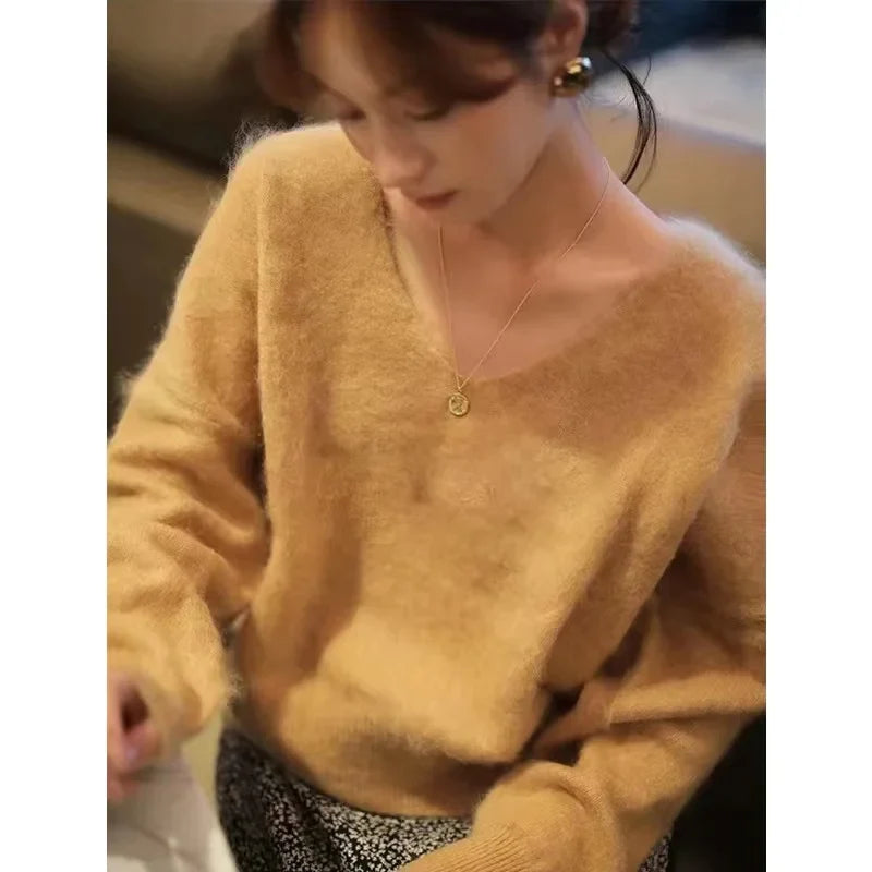 Fashion versatile cashmere sweater women fall winter V-neck loose and thick sweater sweater with wool knit