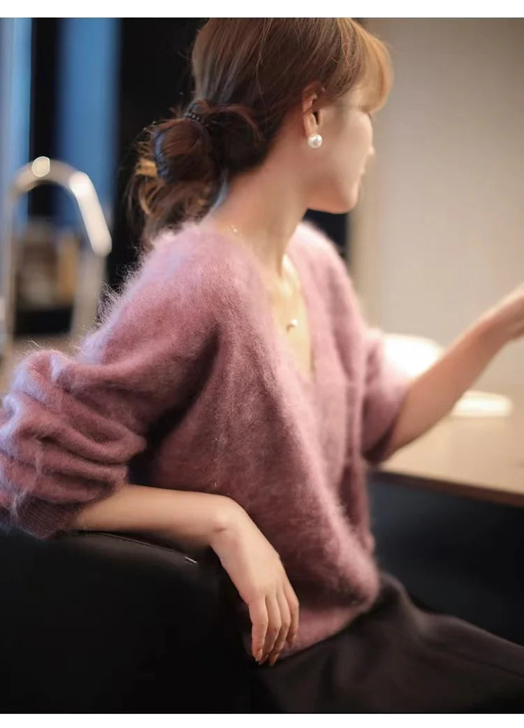 Fashion versatile cashmere sweater women fall winter V-neck loose and thick sweater sweater with wool knit