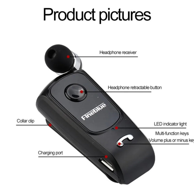 Fineblue F920 Wireless Retractable Portable Bluetooth Headset Headphone Remind Vibration Wear Clip Sports Collar Clip