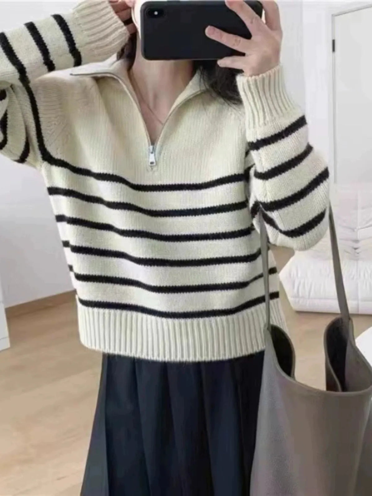 French autumn winter half collar zipper cashmere sweater women loose pullover lapel striped pure cashmere sweater trend