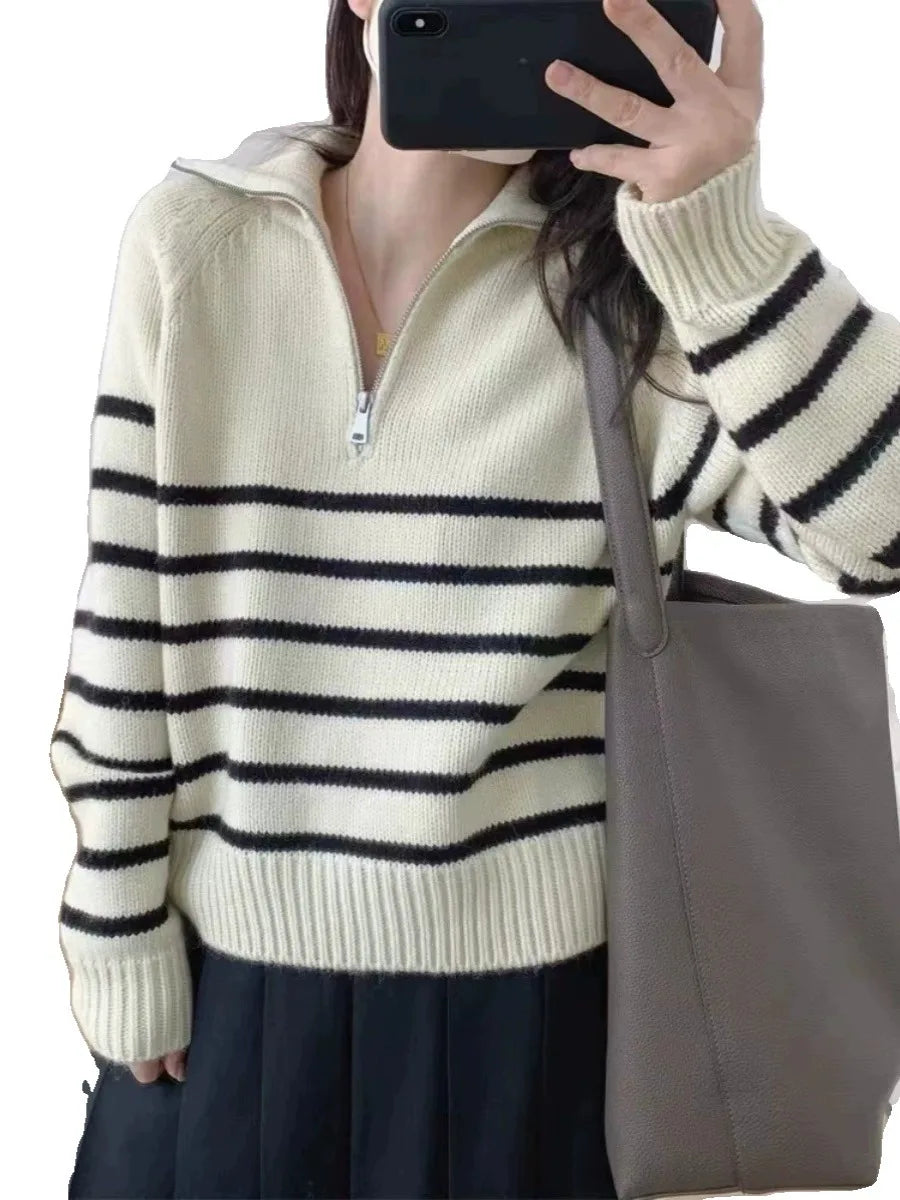 French autumn winter half collar zipper cashmere sweater women loose pullover lapel striped pure cashmere sweater trend