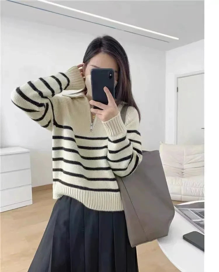 French autumn winter half collar zipper cashmere sweater women loose pullover lapel striped pure cashmere sweater trend