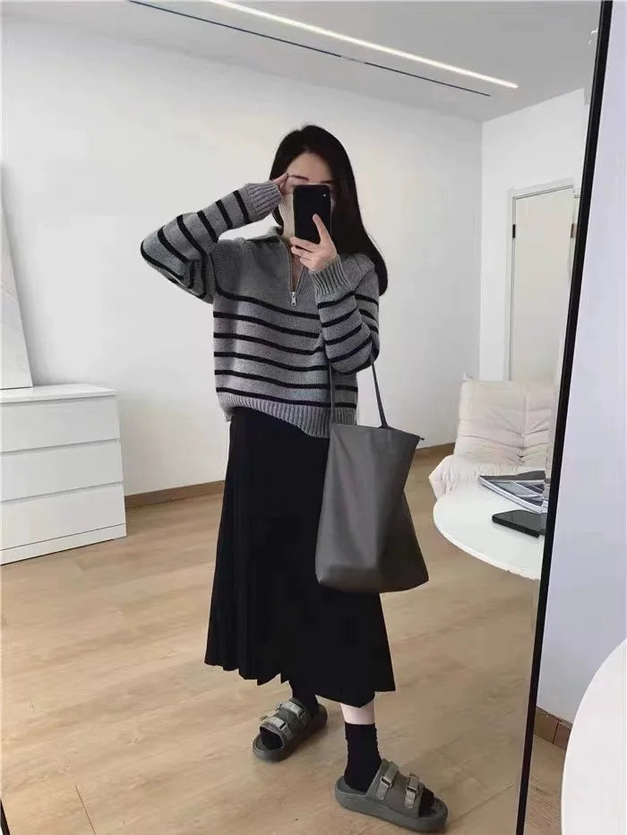 French autumn winter half collar zipper cashmere sweater women loose pullover lapel striped pure cashmere sweater trend