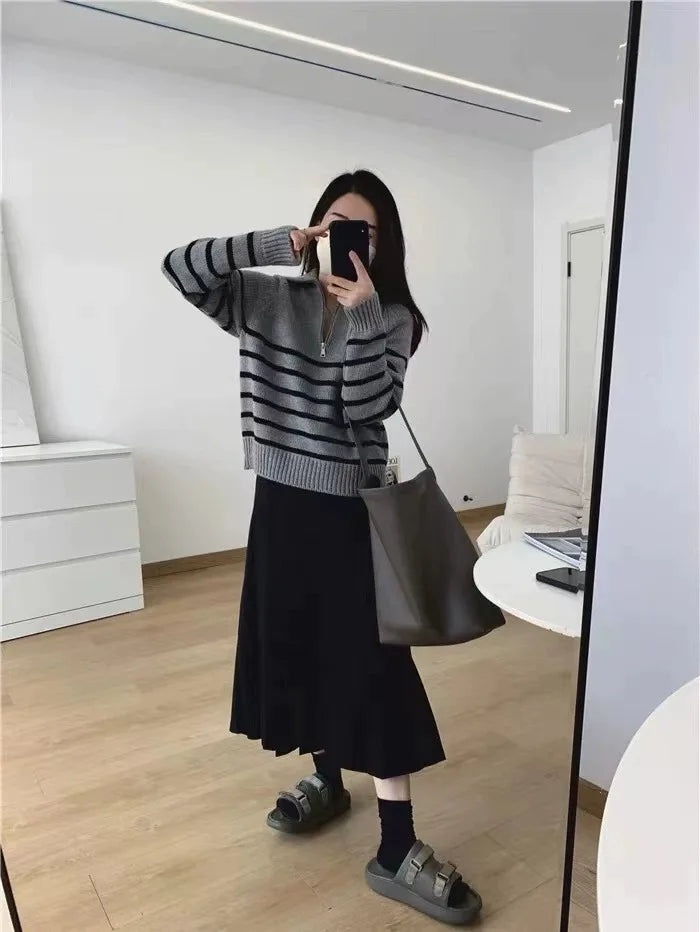 French autumn winter half collar zipper cashmere sweater women loose pullover lapel striped pure cashmere sweater trend