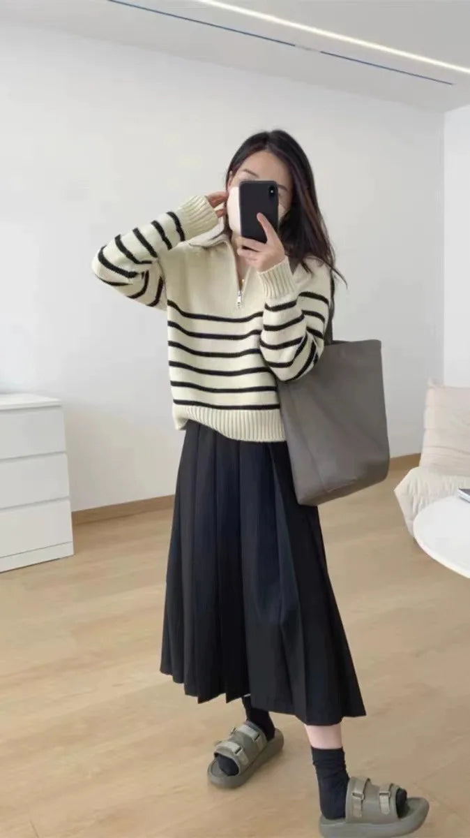 French autumn winter half collar zipper cashmere sweater women loose pullover lapel striped pure cashmere sweater trend