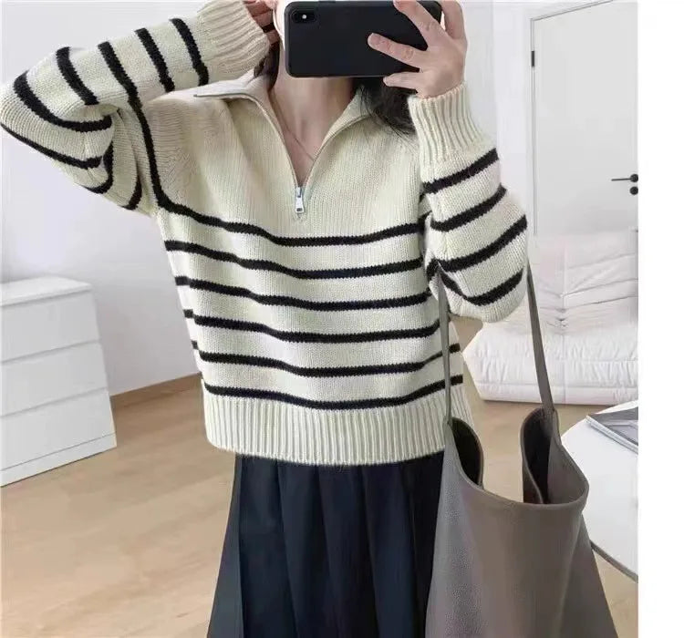 French autumn winter half collar zipper cashmere sweater women loose pullover lapel striped pure cashmere sweater trend