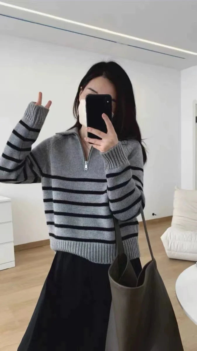 French autumn winter half collar zipper cashmere sweater women loose pullover lapel striped pure cashmere sweater trend