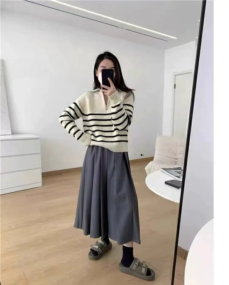 French autumn winter half collar zipper cashmere sweater women loose pullover lapel striped pure cashmere sweater trend