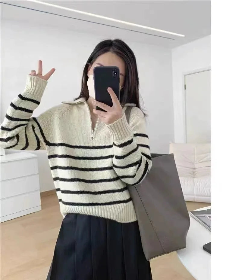 French autumn winter half collar zipper cashmere sweater women loose pullover lapel striped pure cashmere sweater trend