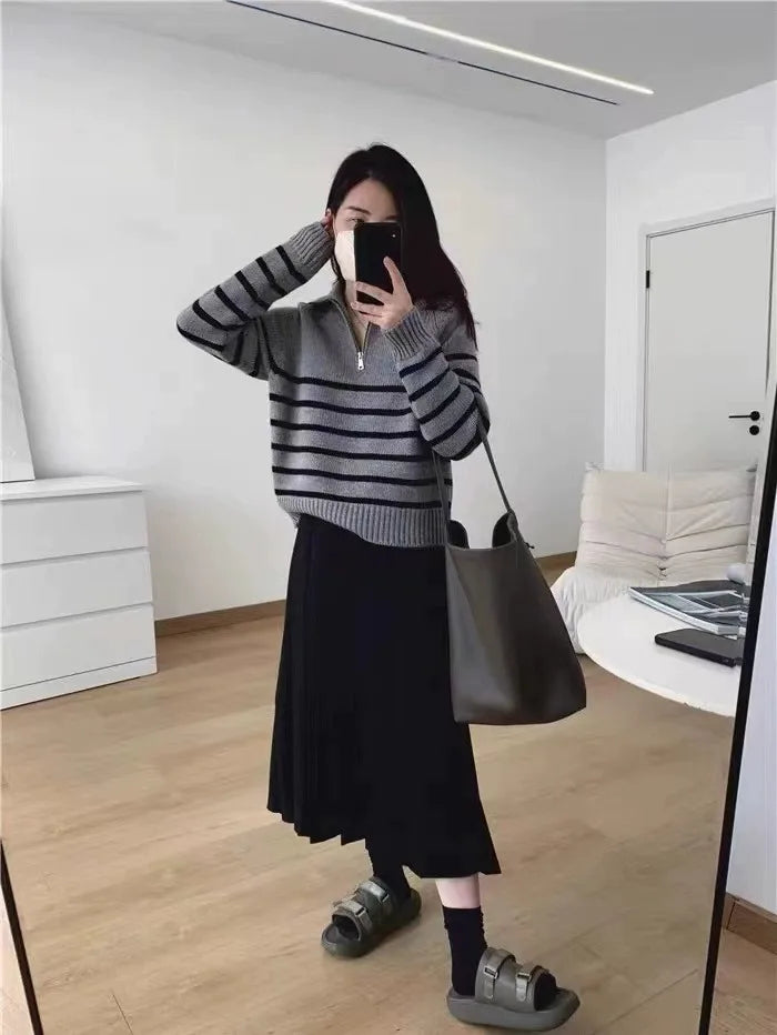 French autumn winter half collar zipper cashmere sweater women loose pullover lapel striped pure cashmere sweater trend