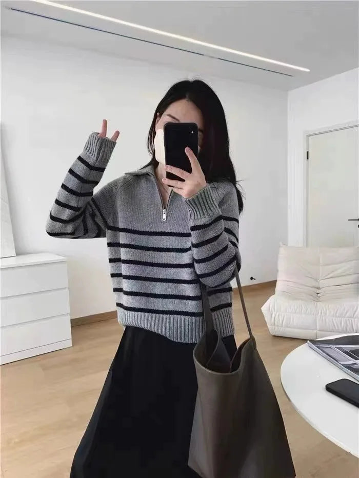 French autumn winter half collar zipper cashmere sweater women loose pullover lapel striped pure cashmere sweater trend