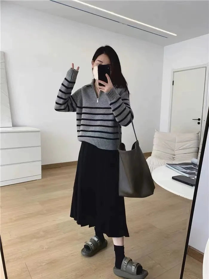 French autumn winter half collar zipper cashmere sweater women loose pullover lapel striped pure cashmere sweater trend