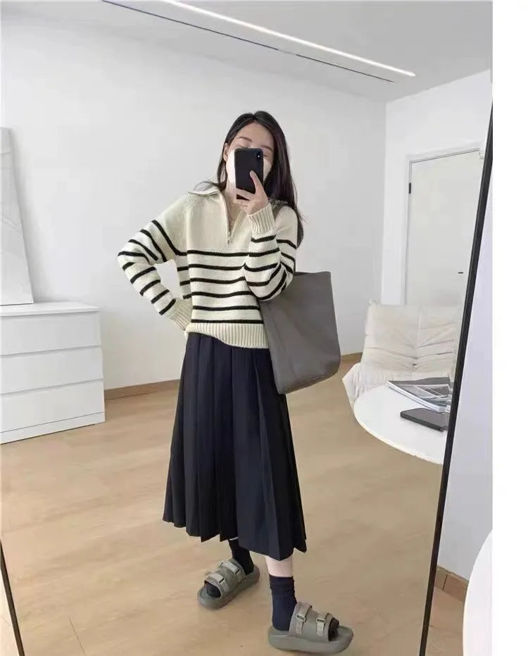 French autumn winter half collar zipper cashmere sweater women loose pullover lapel striped pure cashmere sweater trend