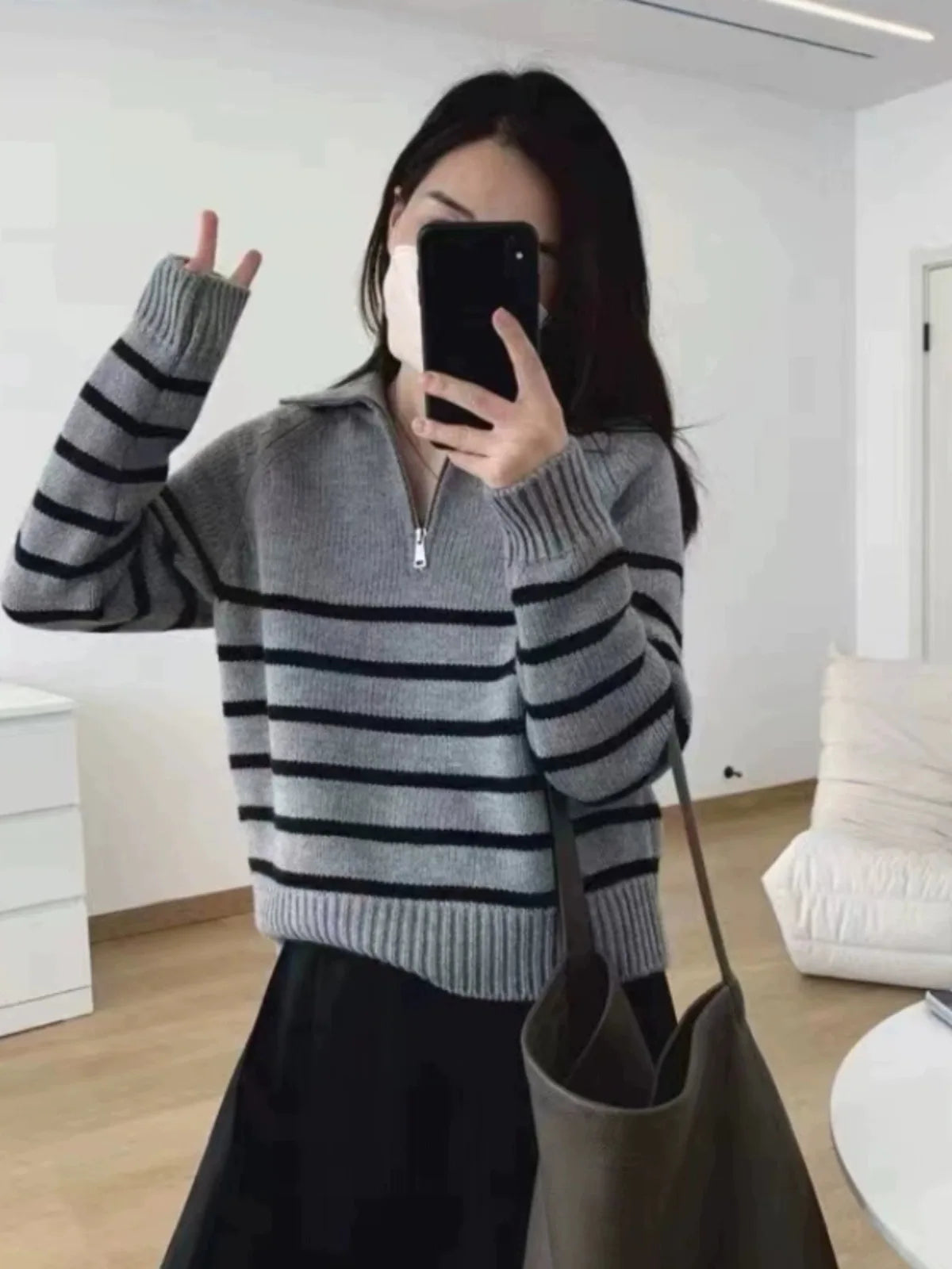 French autumn winter half collar zipper cashmere sweater women loose pullover lapel striped pure cashmere sweater trend