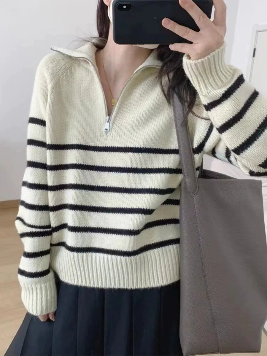 French autumn winter half collar zipper cashmere sweater women loose pullover lapel striped pure cashmere sweater trend