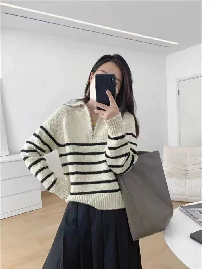 French autumn winter half collar zipper cashmere sweater women loose pullover lapel striped pure cashmere sweater trend