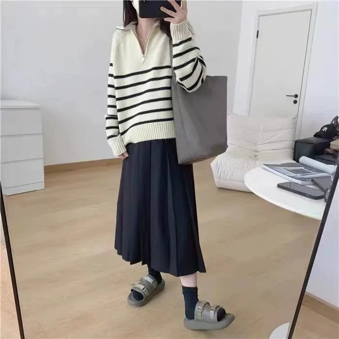 French autumn winter half collar zipper cashmere sweater women loose pullover lapel striped pure cashmere sweater trend