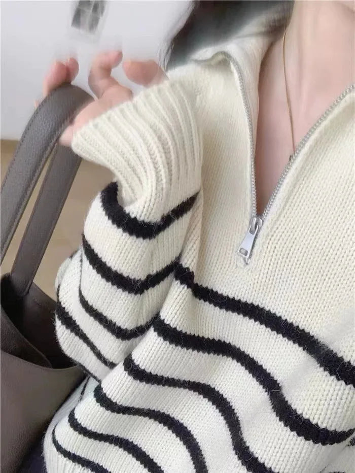 French autumn winter half collar zipper cashmere sweater women loose pullover lapel striped pure cashmere sweater trend