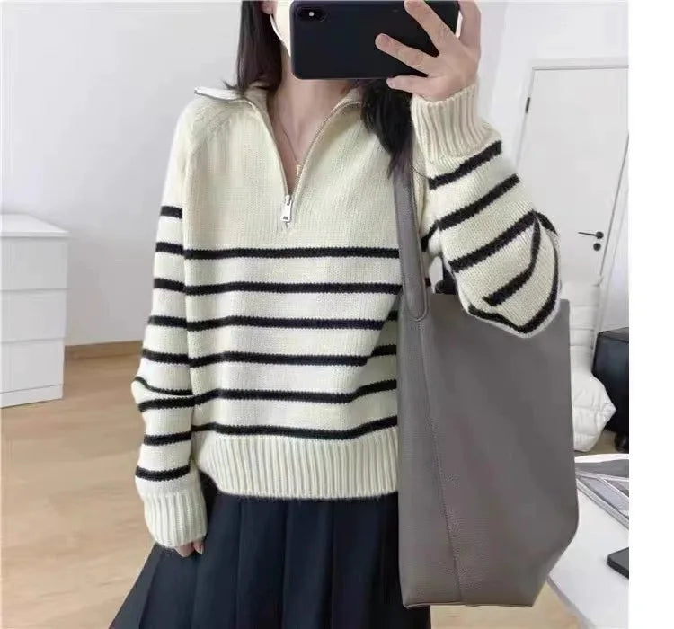 French autumn winter half collar zipper cashmere sweater women loose pullover lapel striped pure cashmere sweater trend