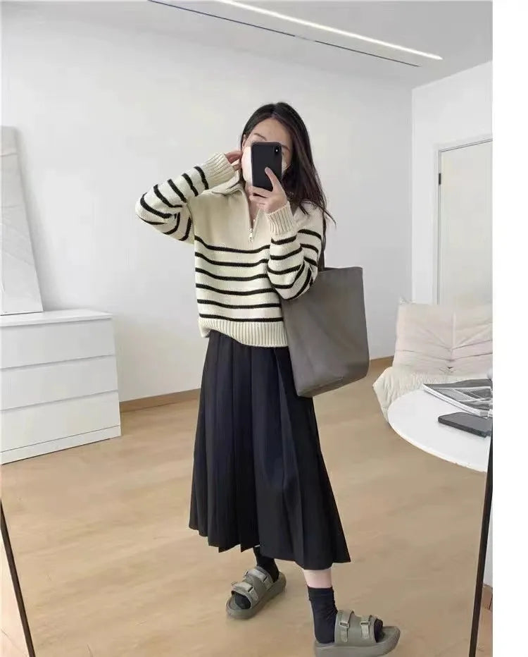 French autumn winter half collar zipper cashmere sweater women loose pullover lapel striped pure cashmere sweater trend