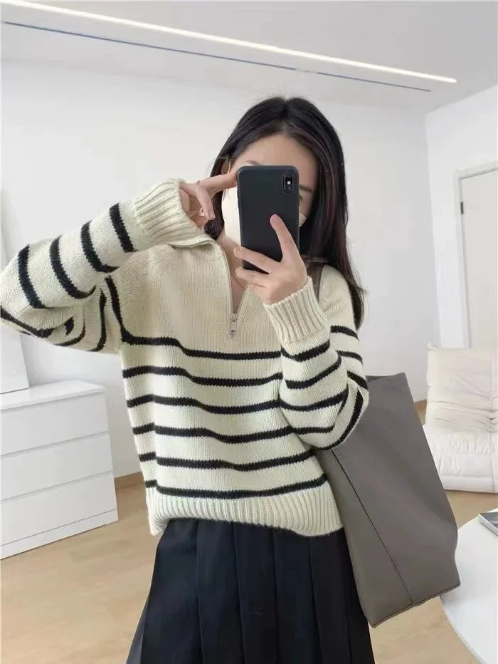 French autumn winter half collar zipper cashmere sweater women loose pullover lapel striped pure cashmere sweater trend