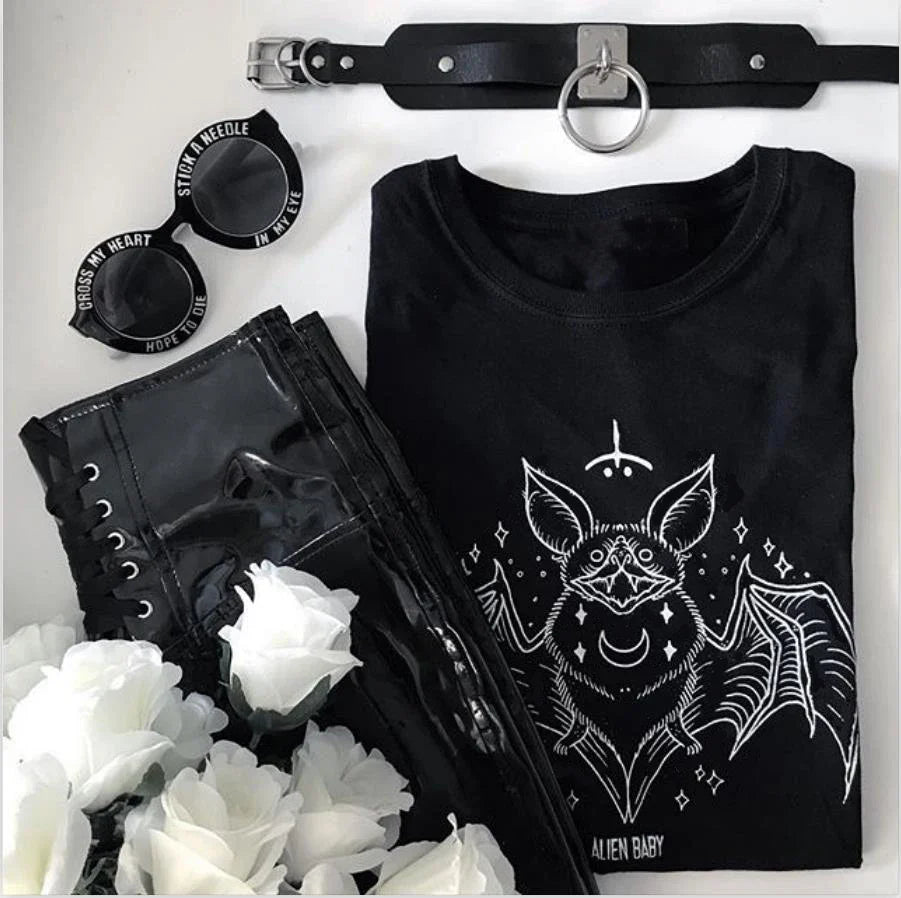 Gothic Women’s Printed T-shirt Black Loose Round Neck Short Sleeve Top