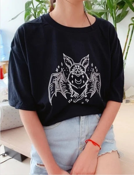 Gothic Women’s Printed T-shirt Black Loose Round Neck Short Sleeve Top