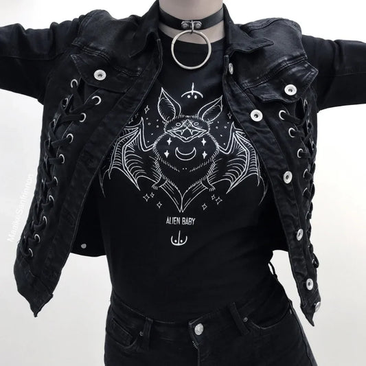 Gothic Women’s Printed T-shirt Black Loose Round Neck Short Sleeve Top