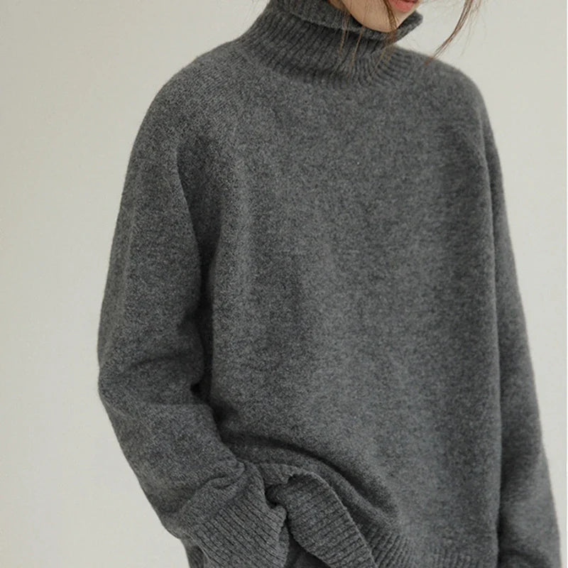 Grey Turtleneck Women’s Pullover Sweater Loose Languid Style 2022 New Autumn Winter Cashmere Thick Long Sleeve Knit