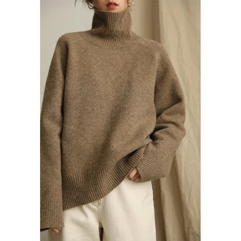 Grey Turtleneck Women’s Pullover Sweater Loose Languid Style 2022 New Autumn Winter Cashmere Thick Long Sleeve Knit