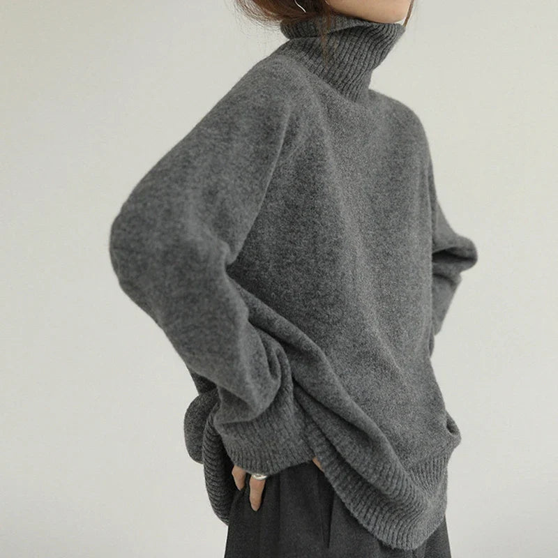 Grey Turtleneck Women’s Pullover Sweater Loose Languid Style 2022 New Autumn Winter Cashmere Thick Long Sleeve Knit