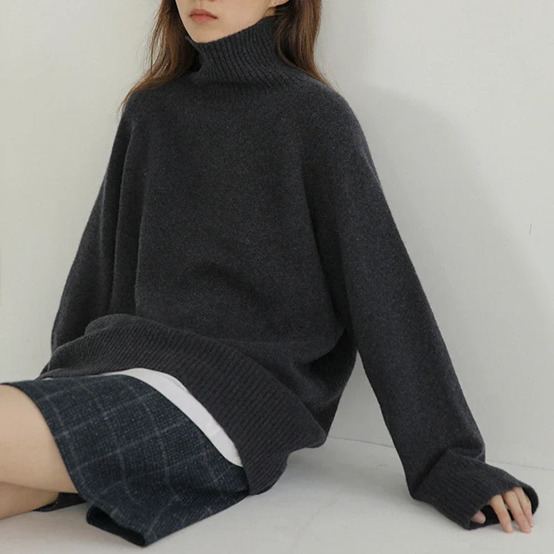 Grey Turtleneck Women’s Pullover Sweater Loose Languid Style 2022 New Autumn Winter Cashmere Thick Long Sleeve Knit