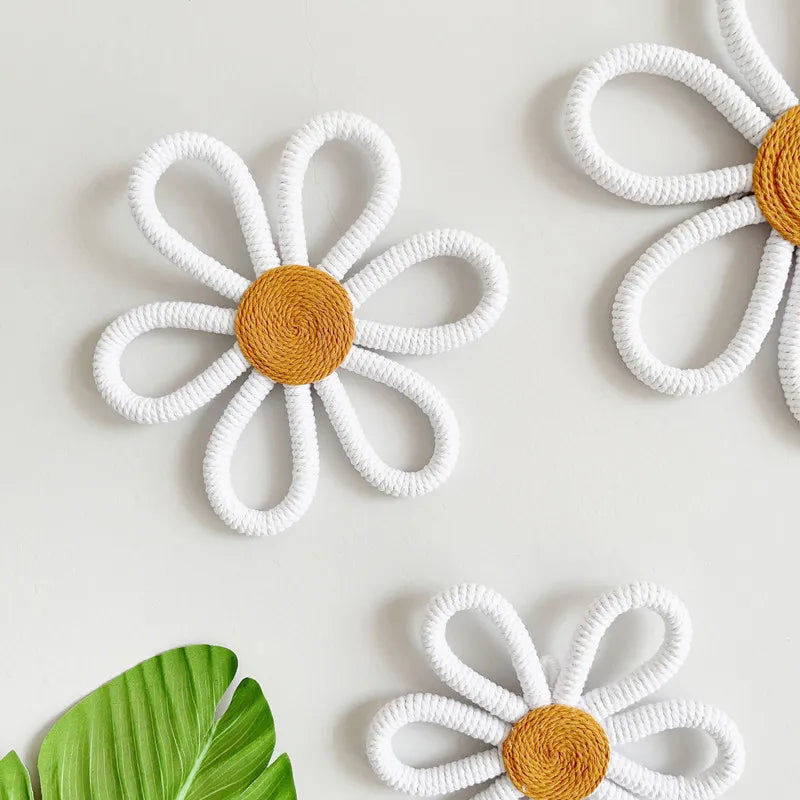 Hand Woven Boho Macrame Daisy Flower Ornament Wall Hanging Decoration Nordic Baby Kids Room Nursery Decor Girls Dorm