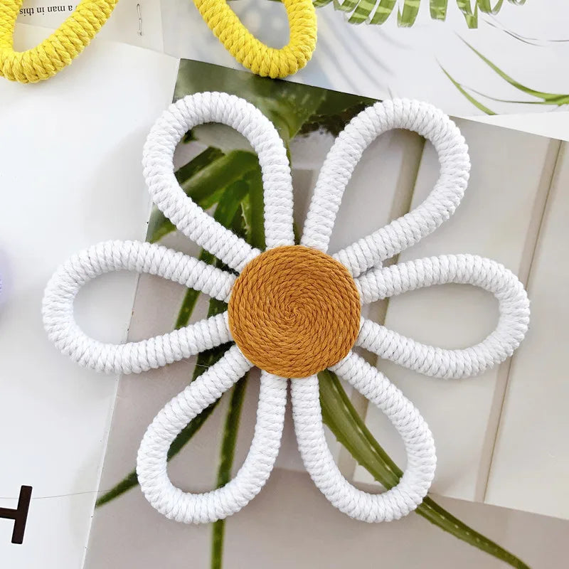 Hand Woven Boho Macrame Daisy Flower Ornament Wall Hanging Decoration Nordic Baby Kids Room Nursery Decor Girls Dorm