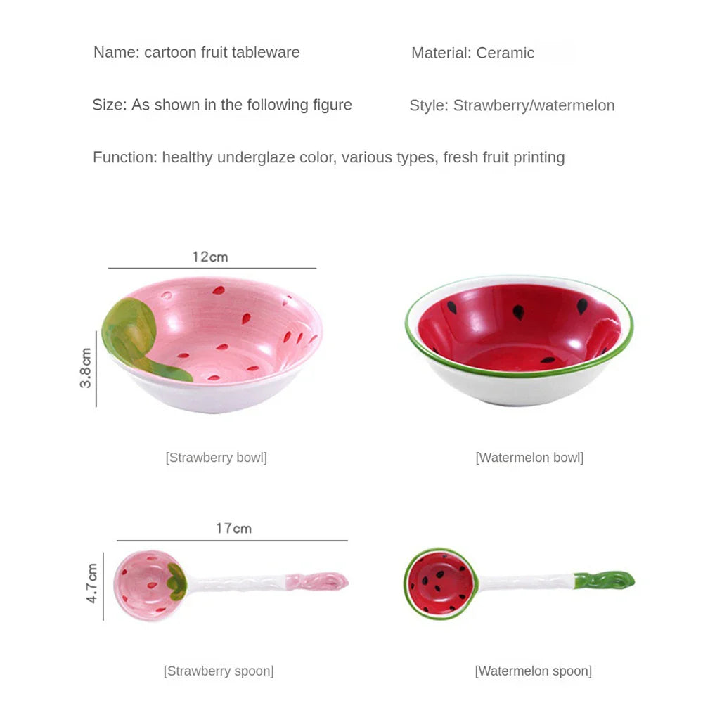 Japanese Ceramic Bowl Watermelon Strawberry Cute Tableware Children Cartoon Long Handle Spoon Rice Bowl Soup Bowl