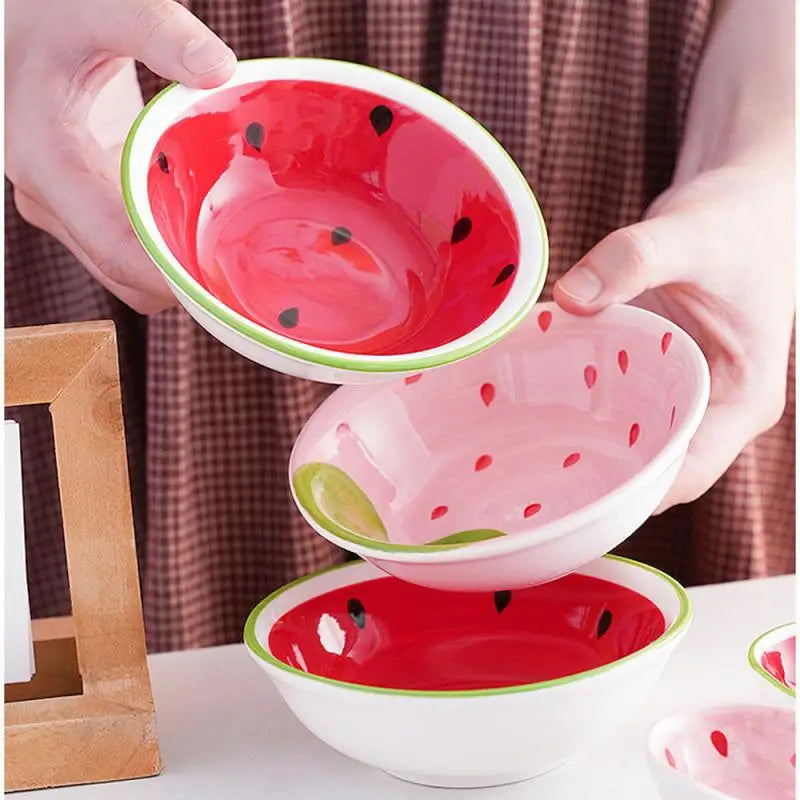 Japanese Ceramic Bowl Watermelon Strawberry Cute Tableware Children Cartoon Long Handle Spoon Rice Bowl Soup Bowl