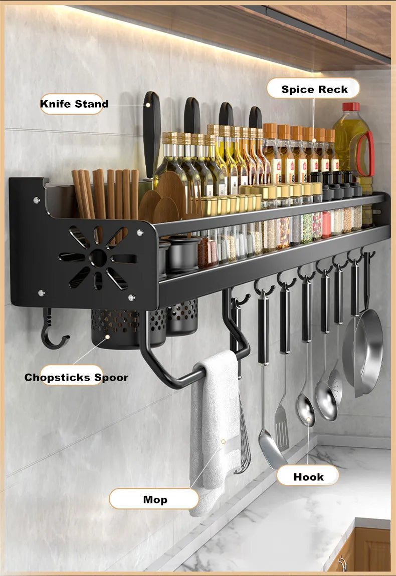 Kitchen Organizer Shelf Wall-mounted Spice Storage Rack Kitchen Knife Holder Wall Seasoning Chopstick Spoon Shovel