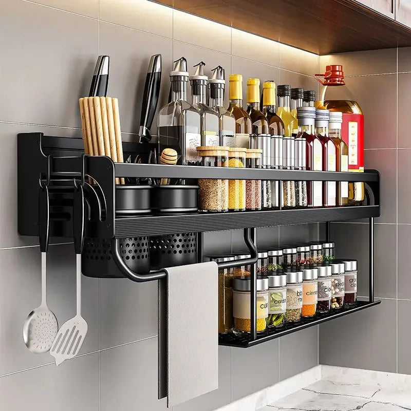 Kitchen Shelf Wall-mounted Spice Storage Racks Punch-free Kitchen Knife Holder Wall Season Bottle Chopstick Tube Shelf