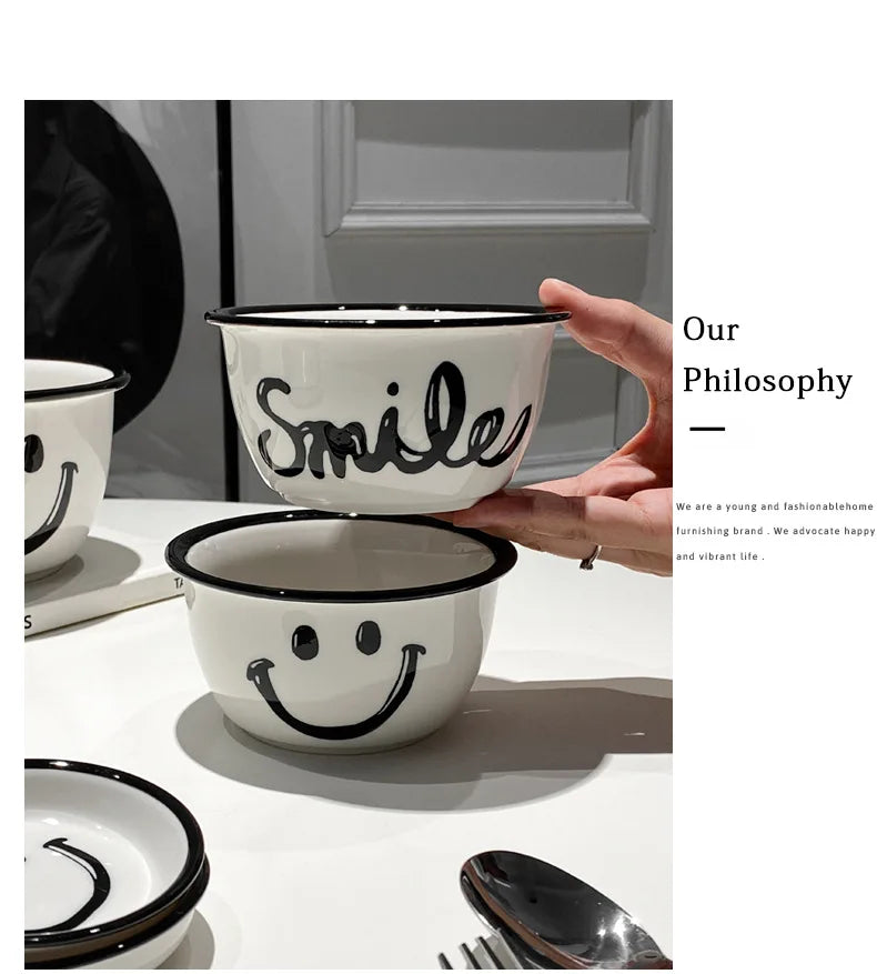 Korean Style Smile Face Dinner Plate Ceramic Dinnerware Coffee Mug Rice Bowl Cute Dish Set Kawaii Soup Noodle Bowl