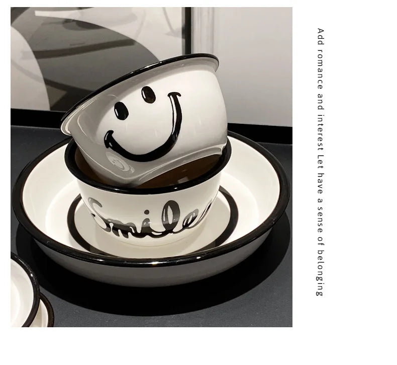 Korean Style Smile Face Dinner Plate Ceramic Dinnerware Coffee Mug Rice Bowl Cute Dish Set Kawaii Soup Noodle Bowl