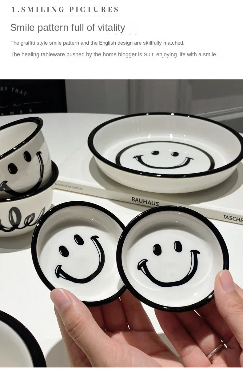 Korean Style Smile Face Dinner Plate Ceramic Dinnerware Coffee Mug Rice Bowl Cute Dish Set Kawaii Soup Noodle Bowl