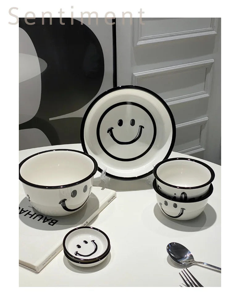 Korean Style Smile Face Dinner Plate Ceramic Dinnerware Coffee Mug Rice Bowl Cute Dish Set Kawaii Soup Noodle Bowl