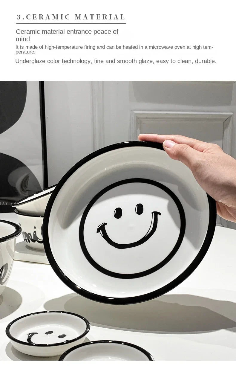 Korean Style Smile Face Dinner Plate Ceramic Dinnerware Coffee Mug Rice Bowl Cute Dish Set Kawaii Soup Noodle Bowl