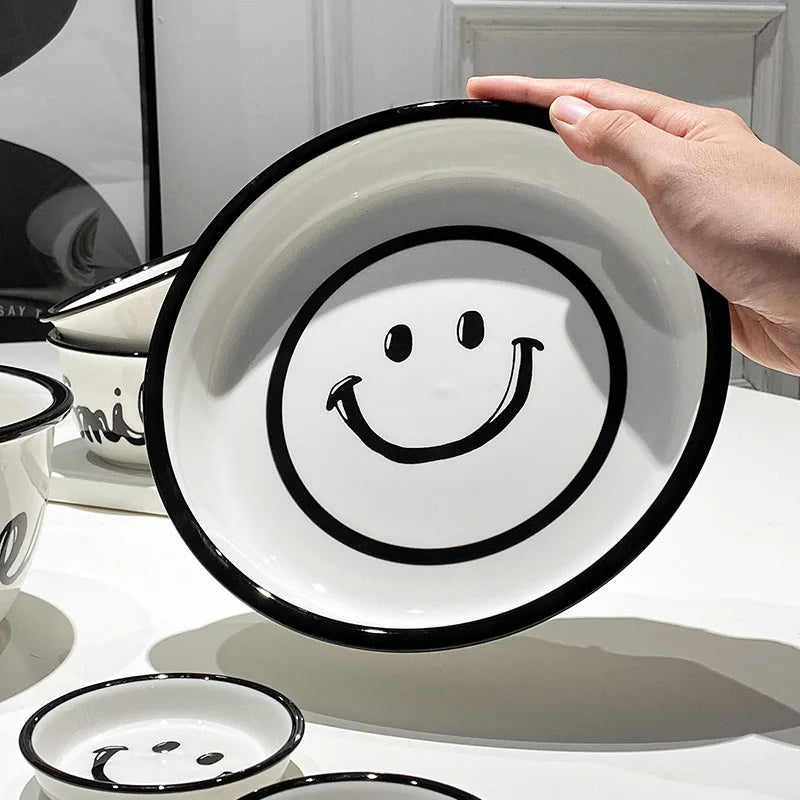 Korean Style Smile Face Dinner Plate Ceramic Dinnerware Coffee Mug Rice Bowl Cute Dish Set Kawaii Soup Noodle Bowl