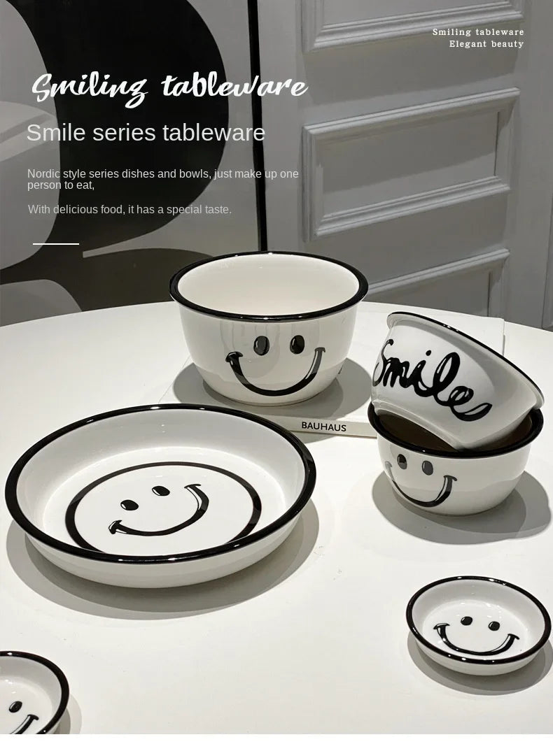 Korean Style Smile Face Dinner Plate Ceramic Dinnerware Coffee Mug Rice Bowl Cute Dish Set Kawaii Soup Noodle Bowl