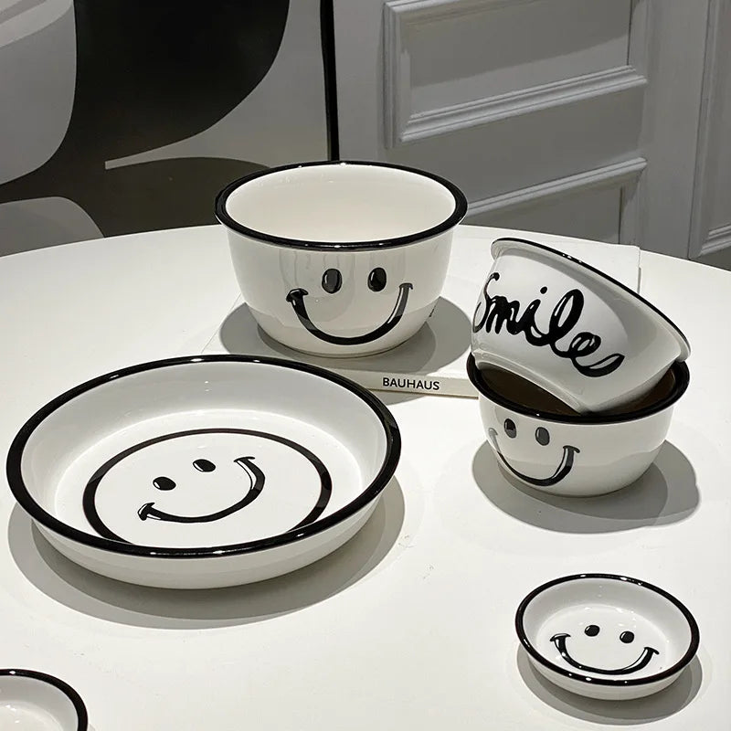 Korean Style Smile Face Dinner Plate Ceramic Dinnerware Coffee Mug Rice Bowl Cute Dish Set Kawaii Soup Noodle Bowl